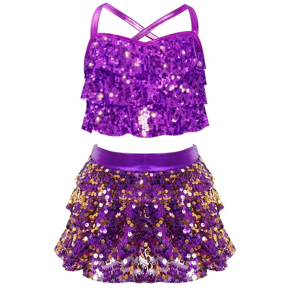 inhzoy Sequins Dance Outfits for Girls 2-Pieces Jazz Latin Performance Dress Lyrical Ballet Dance Purple 10