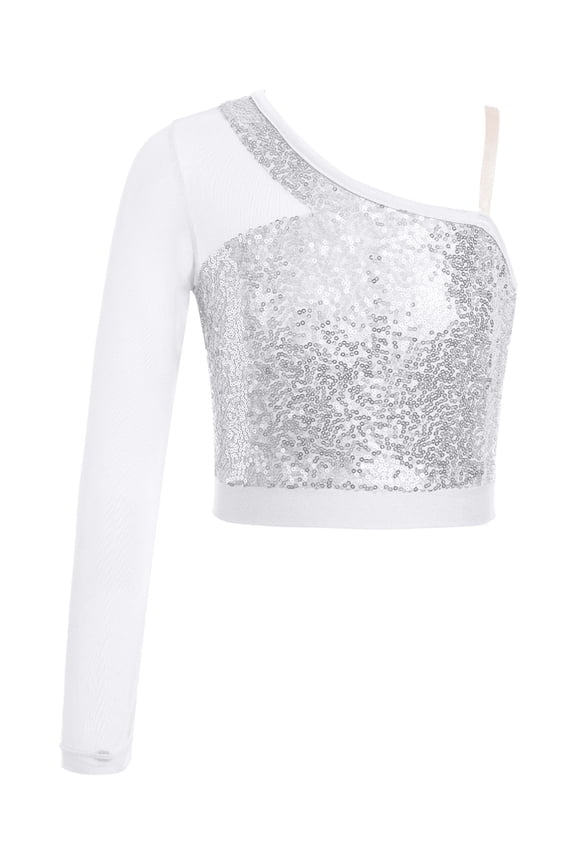 Shiny Sequin Crop Top for Girls Mock Neck Ballet Dance Tops Silver-A 8