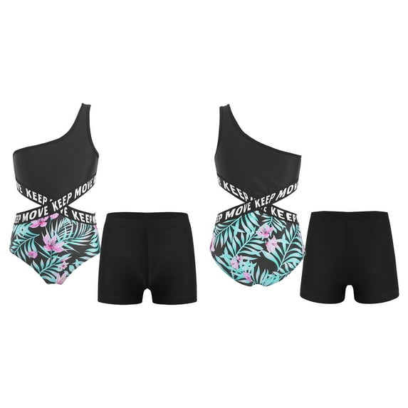 inhzoy Two Piece Tankini for Girls One Shoulder Tank Leotard with Shorts