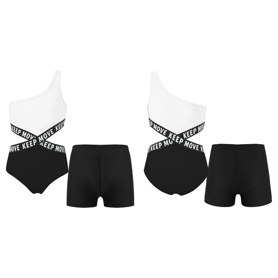inhzoy Two Piece Tankini for Girls One Shoulder Tank Leotard with Shorts