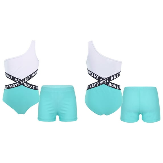 inhzoy Two Piece Tankini for Girls One Shoulder Tank Leotard with Shorts