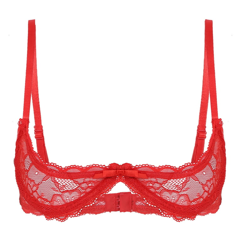inhzoy Woman's Lace Sheer Push Up Balconette Bra Red 3XL