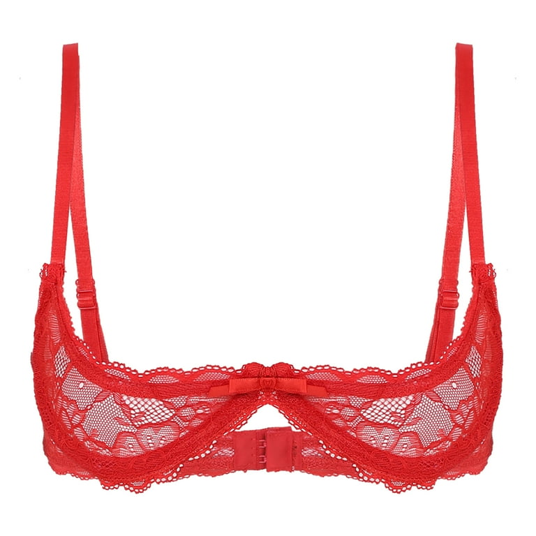 inhzoy Woman's Lace Sheer Push Up Balconette Bra Red L