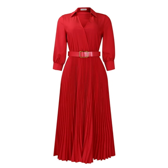 inhzoy Women's Lapel Belted Long Sleeve Pleated Midi Dress Business Casual Shirt Dress Red M