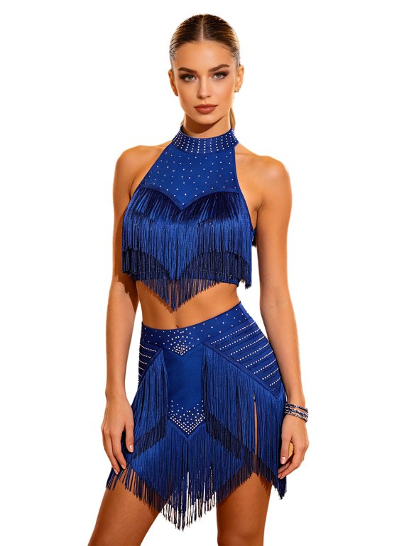 Women Cha-cha Tango Dance Dress Ballroom Competition Dancewear Salsa Rumba Performance for Swing Royal Blue S