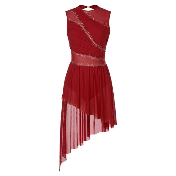 inhzoy Women Contemporary Modern Dance Dress Sleeveless Rhinestone Figure Skating Dress Burgundy L
