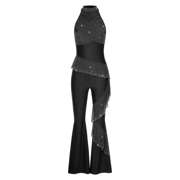 inhzoy Women Dance Flared Rompers Retro 70s 80s Disco Wear One Piece Unitards Sleeveless Mock Neck Jumpsuit for Rave Black S