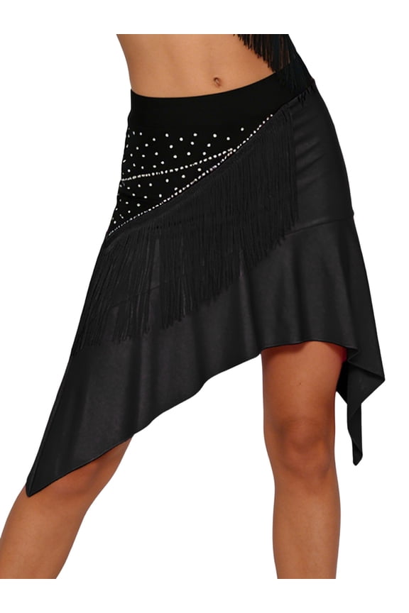 Women Fringe Latin Dance Tassel Skirt Swing Ballroom Tango Cha Cha Practice Skirt Rumba Dancewear Black S