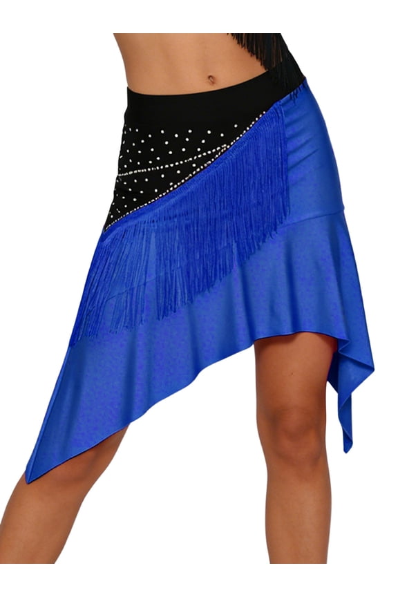 Women Fringe Latin Dance Tassel Skirt Swing Ballroom Tango Cha Cha Practice Skirt Rumba Dancewear Royal Blue S