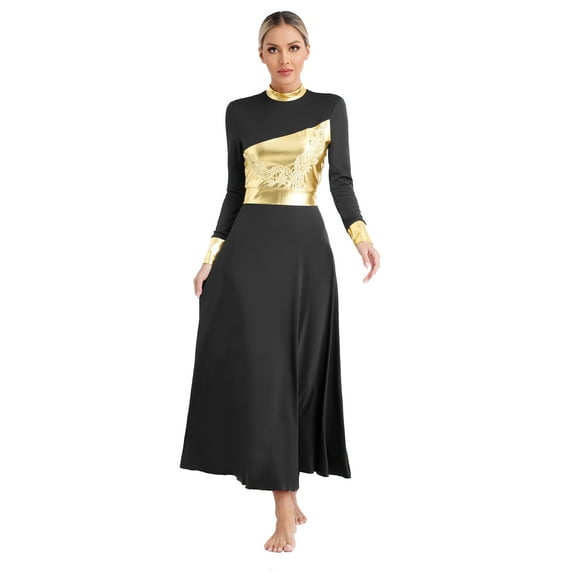 inhzoy Women Loose Full Length Praise Dance Dress Metallic Gold Liturgical Worship Lyrical Dancewear Black L