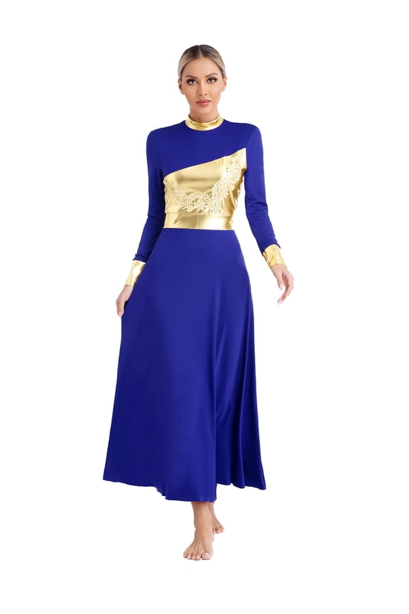 Women Loose Full Length Praise Dance Dress Metallic Gold Liturgical Worship Lyrical Dancewear Blue XL
