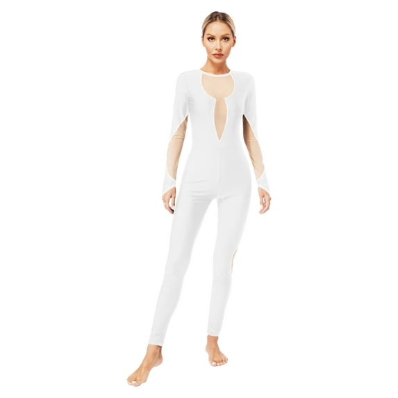 inhzoy Women Shiny Rhinestone Gymnastics Leotard One Piece Full Length Figure Skating Dance Jumpsuit White XXL