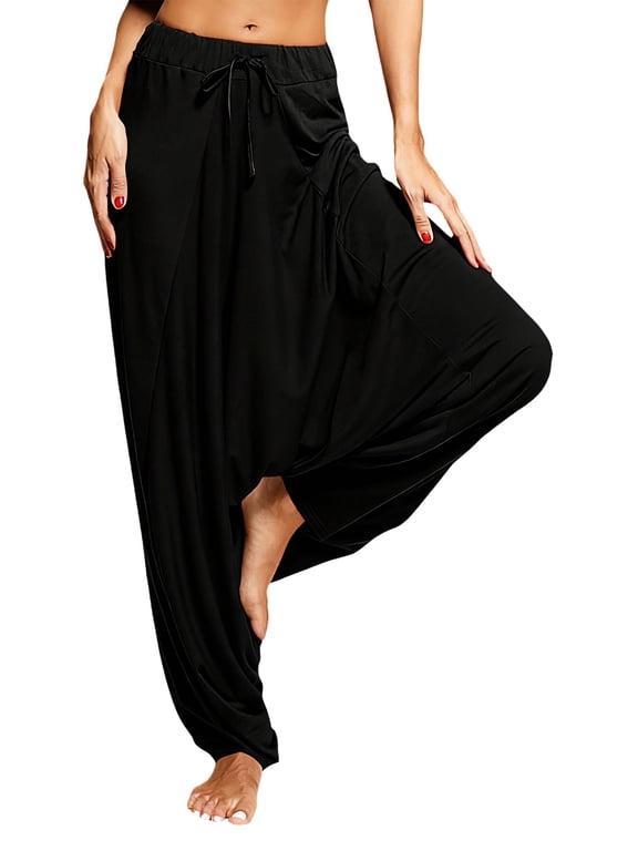 Women's Baggy Harem Pants Drawstring Waist Loose Drop Crotch Trousers Soft Casual Pants Black M