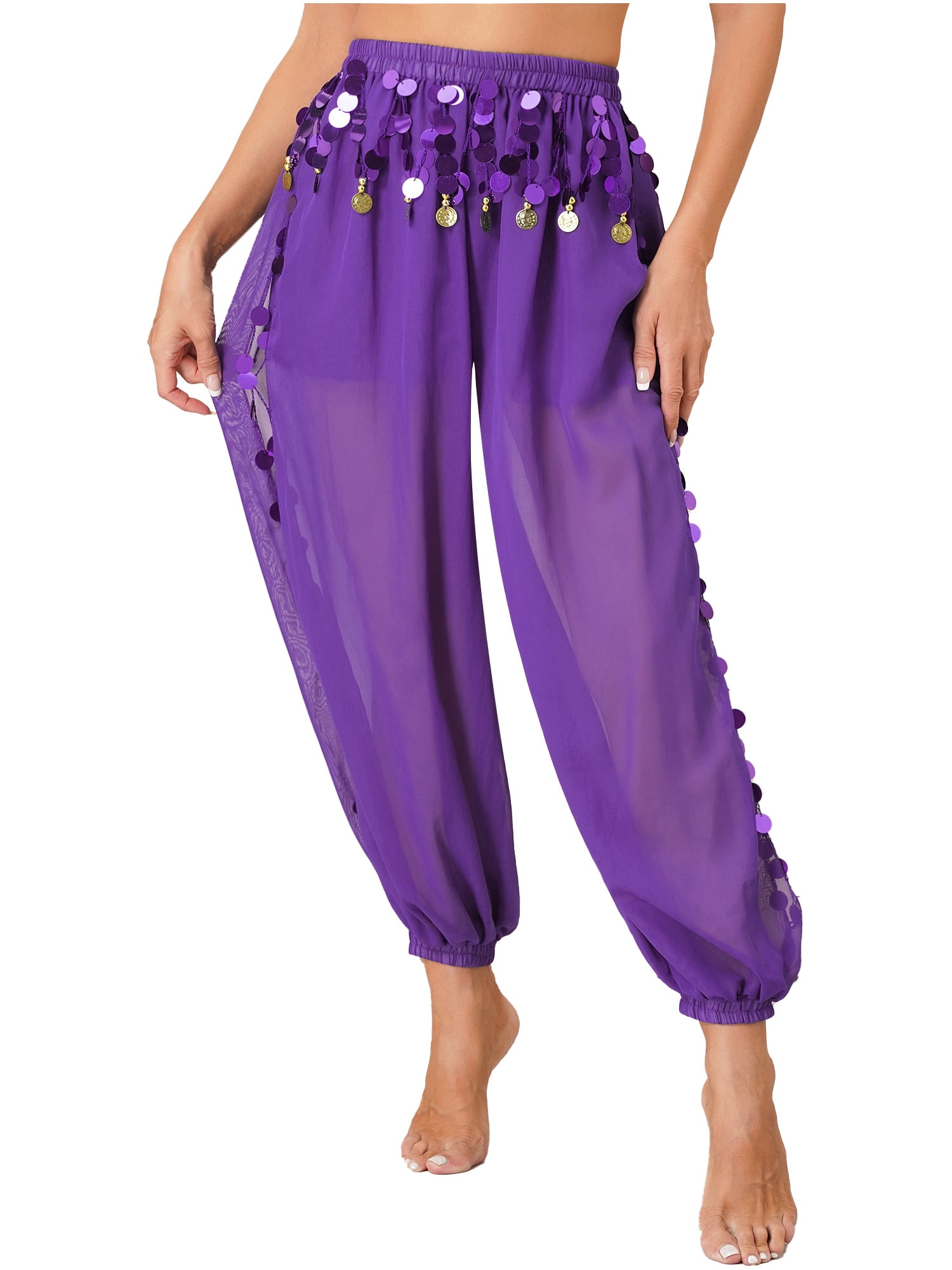 inhzoy Women's Belly Dance Harem Pants Side Split Sequin Shiny Lantern ...