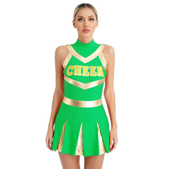 inhzoy Women's Cheerleading Uniforms Metallic Cheer Leader Pleated Leotard Dress Green M
