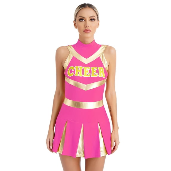 inhzoy Women's Cheerleading Uniforms Metallic Cheer Leader Pleated Leotard Dress Hot Pink XL