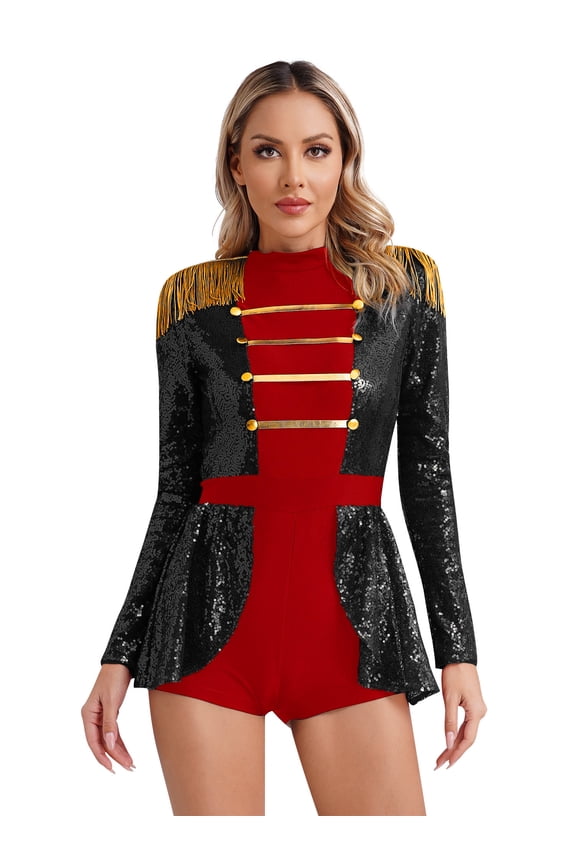 Women's Circus Ringmaster Outfit Dress Shiny Sequins Showman Bodysuit Black S
