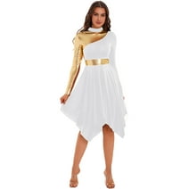 inhzoy Women's Color Block Long Sleeve Praise Dance Dress White XXL