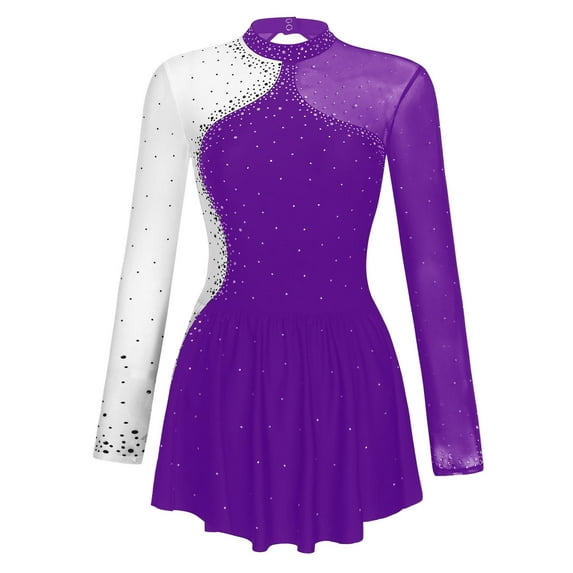 inhzoy Women's Figure Skating Dress Shiny Long Sleeve Ice Roller Skating Dance Dresses Leotards Purple S