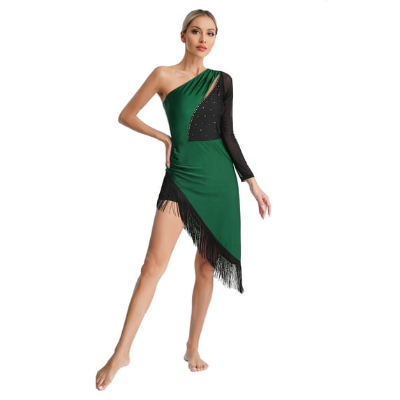 inhzoy Women's Fringe Latin Tango Salsa Dance Dress Ballroom Dance Dresses with Shorts Green L