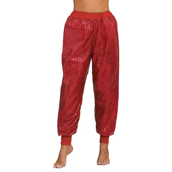 inhzoy Women's Glitter Sequins Hip Hop Dance Baggy Hippie Hippie Harem Pants Loose Trousers Red XXL/3XL(4X