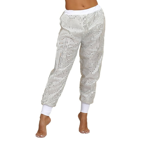 inhzoy Women's Glitter Sequins Hip Hop Dance Baggy Hippie Hippie Harem Pants Loose Trousers White S/M(L)