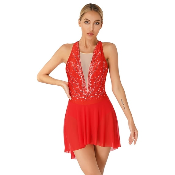inhzoy Women's Glittery Rhinestone Dance Dress Sheer Mesh Patchwork Skating Dance Dress Red XXL