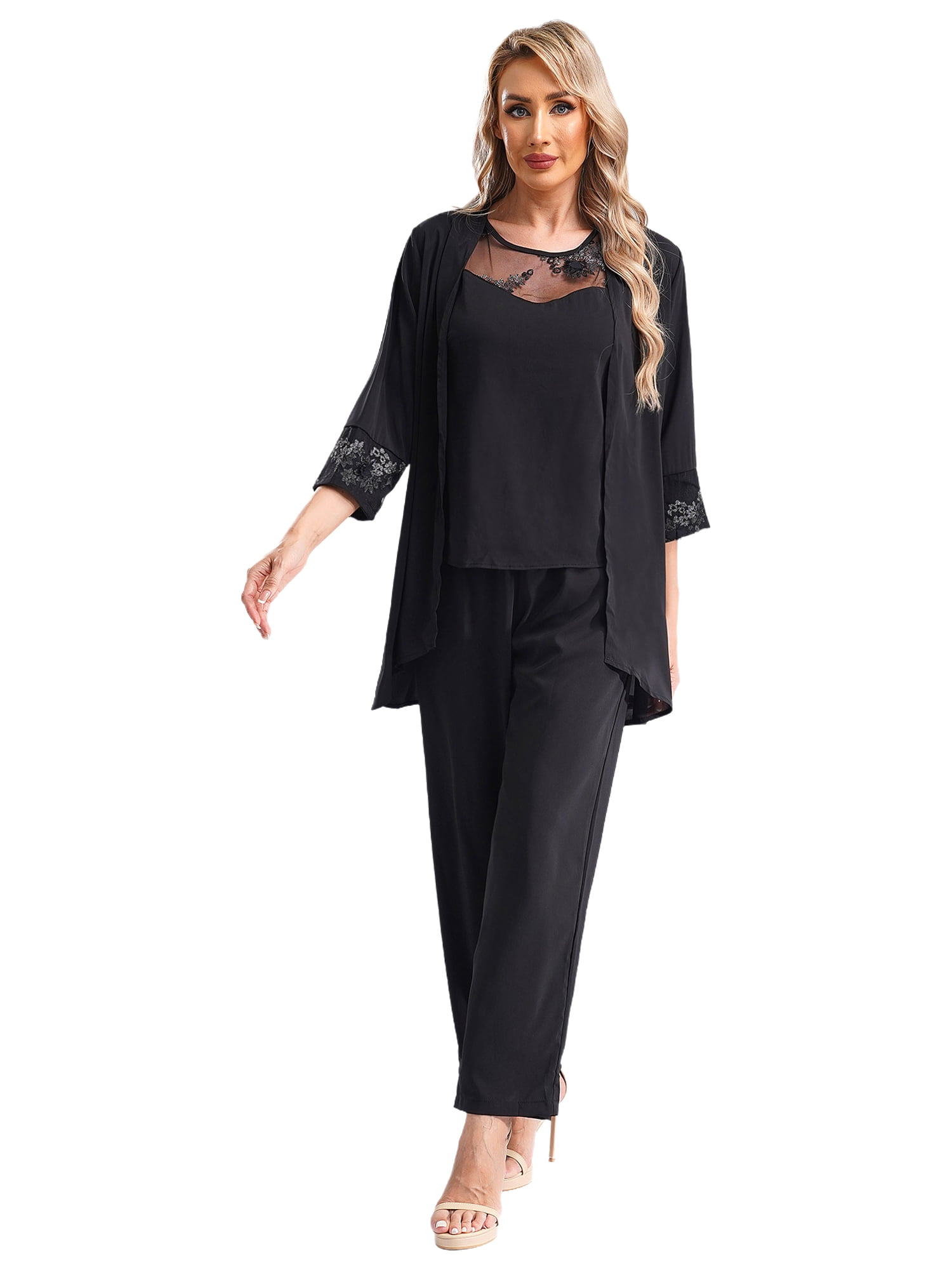Inhzoy Women s Lace Chiffon 3 Piece Mother of The Bride Dress Formal Pantsuit Gray L Size Large