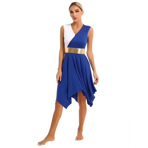 inhzoy Women's Liturgical Praise Dance Dress Sleeveless Color Block Modern Worship Costume Asymmetrical Hem Blue S