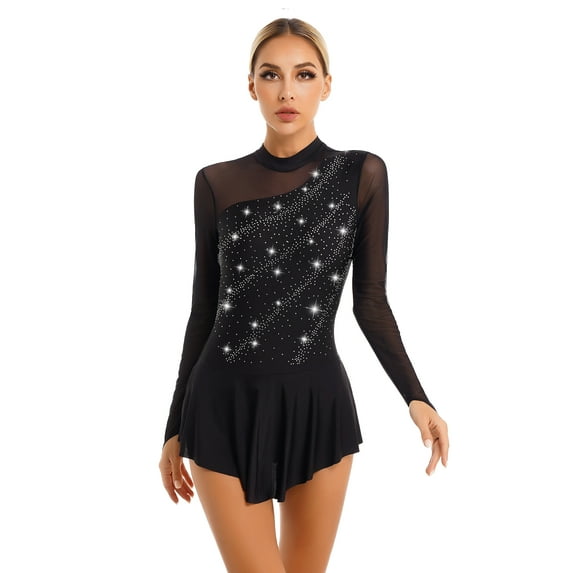 inhzoy Women's Long Sleeve Figure Ice Skating Dress Lyrical Dance Costume Black M