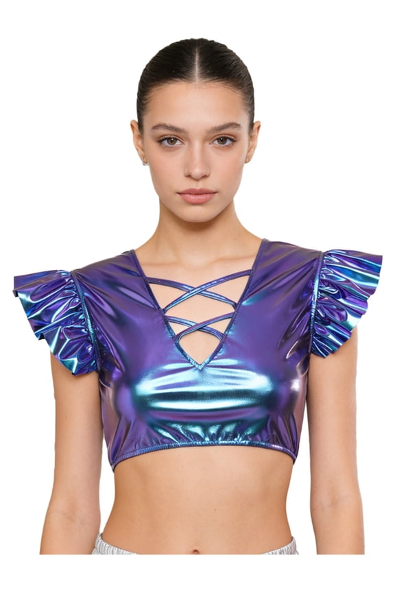 Women's Metallic Shiny Crop Top V Neck Cutout Crop Shirts Jazz Dance Blouse Clubwear Blue S
