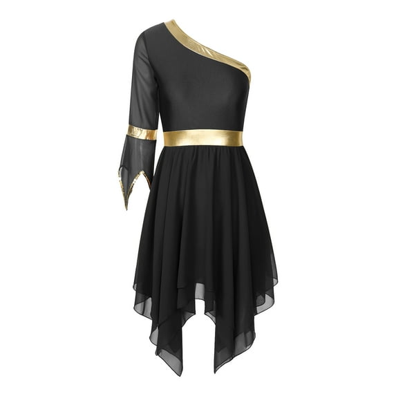 inhzoy Women's Praise Lyrical Dance Dress One Shoulder Worship Liturgical Overlay Tunic Black S