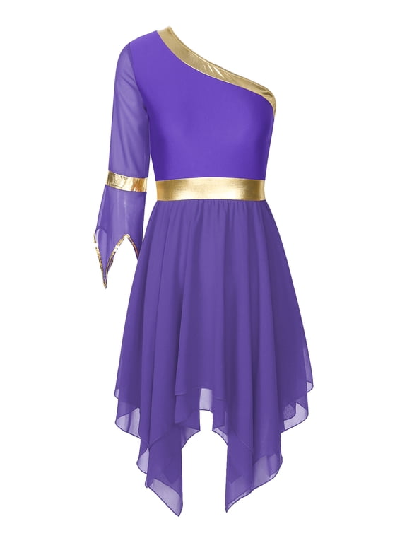 Women's Praise Lyrical Dance Dress One Shoulder Worship Liturgical Overlay Tunic Purple XL
