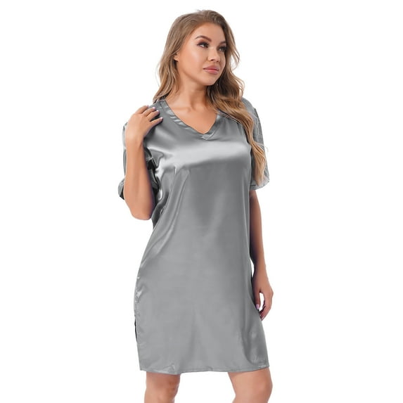 inhzoy Women's Satin Nightgowns V Neck Side Split Sleepshirt Short Sleeves Sleepwear Nightshirt