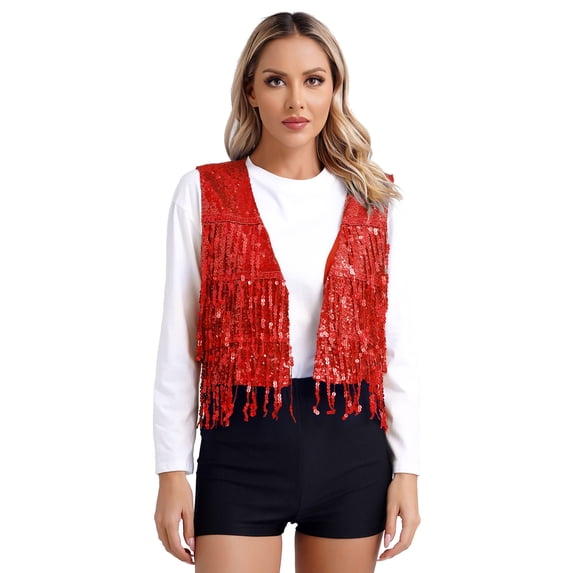 inhzoy Women's Sequin Fringe Vest Open Front Waistcoat Sleeveless Jackets Glitter Red M