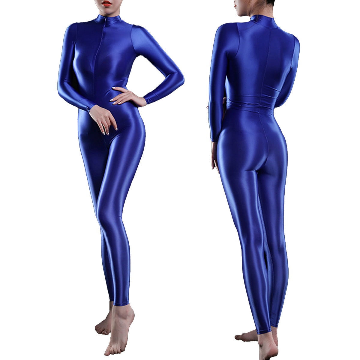 inhzoy Women's Shiny Spandex Unitard High Neck Long Sleeves Ankle Length  Leotard Jumpsuit 