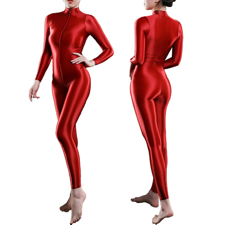 inhzoy Women's Shiny Spandex Unitard High Neck Long Sleeves Ankle Length  Leotard Jumpsuit 