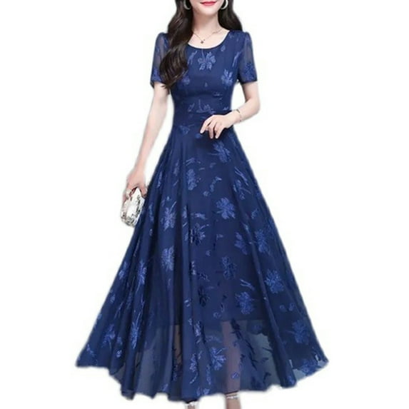 inhzoy Women's Short Sleeve Jacquard Wedding Guest A Line Swing Dress Mother of The Bride Dresses Blue XL