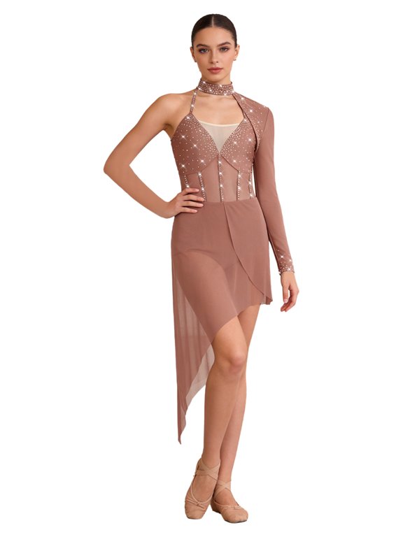 Women's Single Long Sleeve Latin Salsa Tango Dance Dress Asymmetrical Skirt Samba Ballroom Dusty Pink M