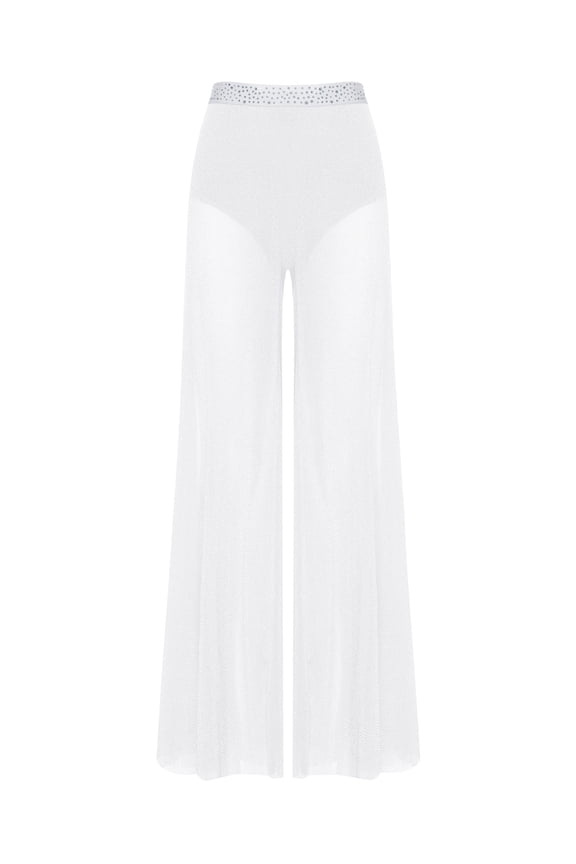 Women's Sparkly Rhinestone Lyrical Dance Costumes Wide Leg Split Trousers Ballet Dance Flowy White XXL