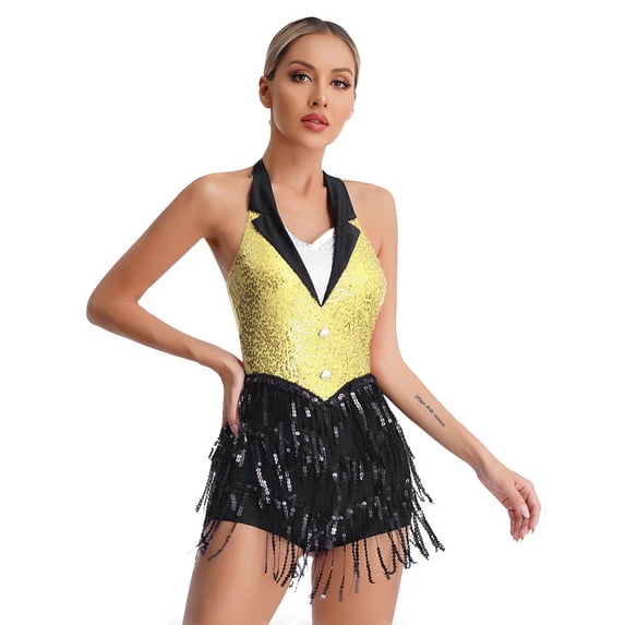 inhzoy Women's Tuxedo Jazz Latin Dance Leotard Dress Sequins Tassels Dance Bodysuit Yellow S