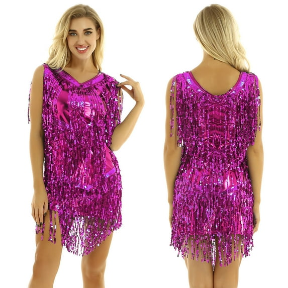 inhzoy Women's V Neck Shiny Sequins Tassel Latin Dance Dress