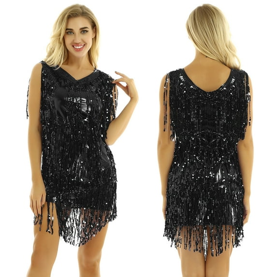 inhzoy Women's V Neck Shiny Sequins Tassel Latin Dance Dress