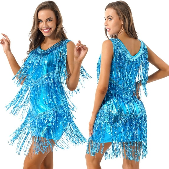 inhzoy Women's V Neck Shiny Sequins Tassel Latin Dance Dress