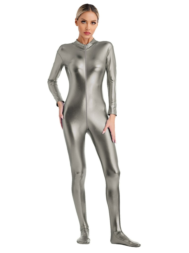 inhzoy Women's Wet Look Metallic Catsuit Bodysuit Front