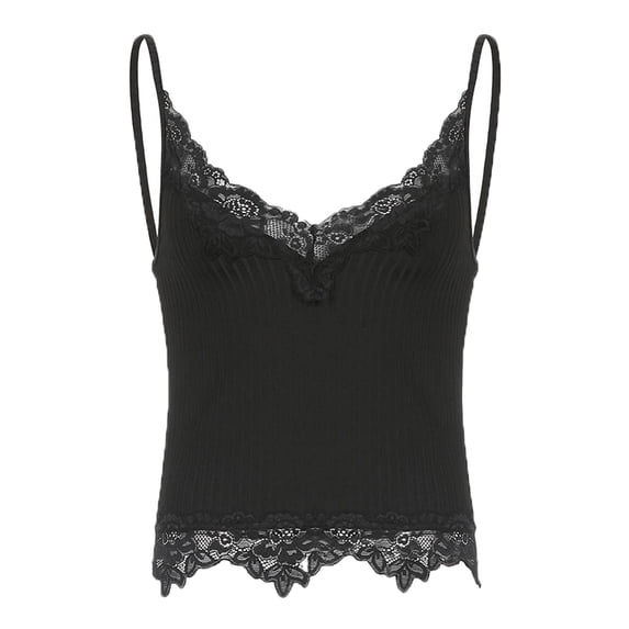 inhzoy Women's Y2K Lace Trim Crop Top Fairy Grunge Style Cami Knitted Tank Top Black 3XL