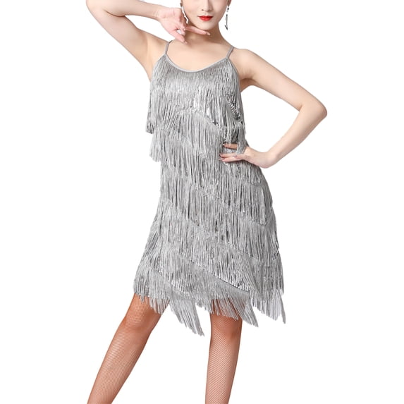inhzoy Womens 1920s Fringed Tassels Dresses Sequins Adjustable Spaghetti Straps Vintage Dance Dress Gray S