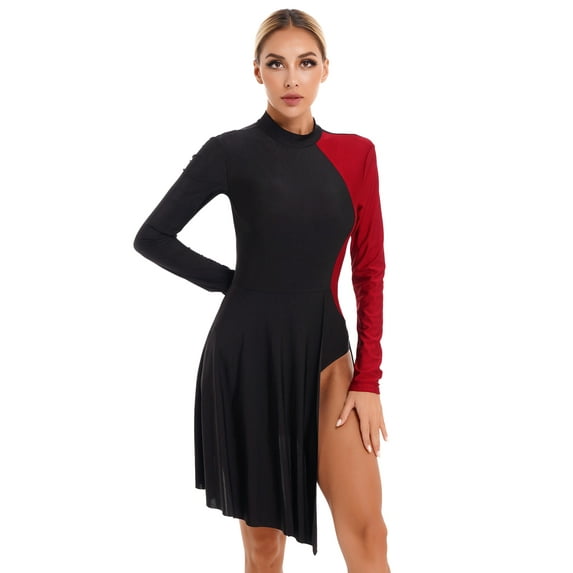 inhzoy Womens Asymmetrical Hem Figure Ice Skating Dance Dress Leotard Burgundy M