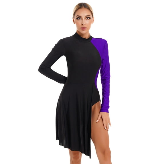 inhzoy Womens Asymmetrical Hem Figure Ice Skating Dance Dress Leotard Purple S