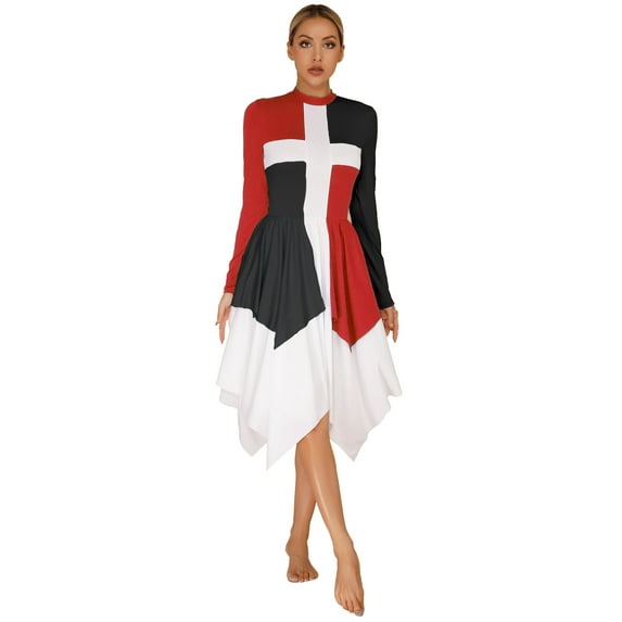 inhzoy Womens Asymmetrical Liturgical Praise Dance Dress Color Block Worship Church Tunic Long Sleeve Lyrical Dancewear Red&Black S